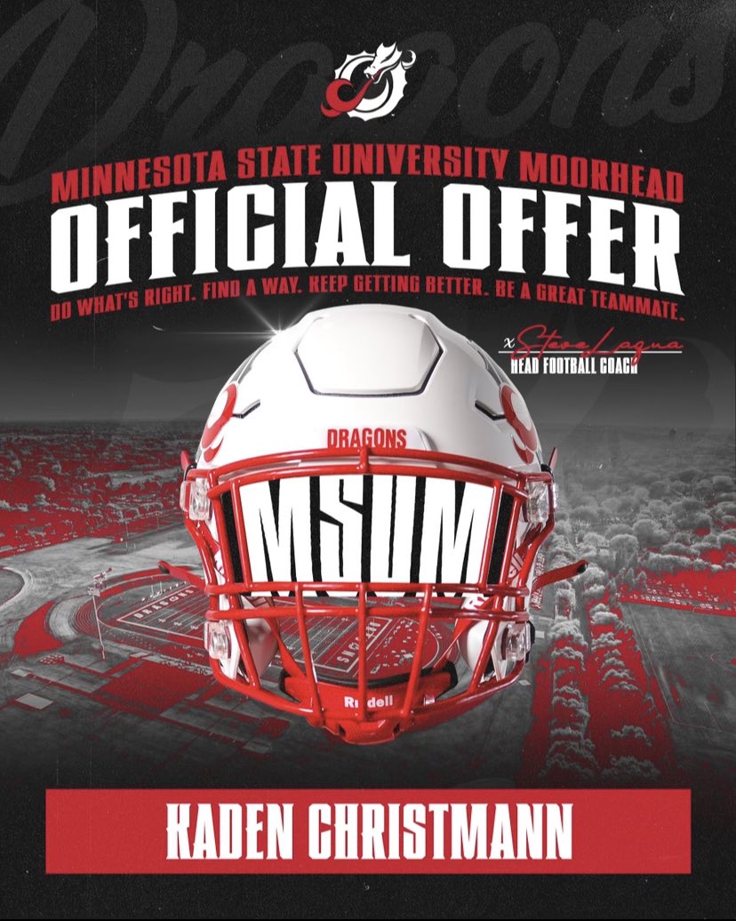 kadenchristmann's tweet photo. After an amazing call with @needhamchris_, I am excited to announce that I have a received a scholarship offer to play football at MSUM! @msum_football #AGTG https://t.co/70MSNGegKu