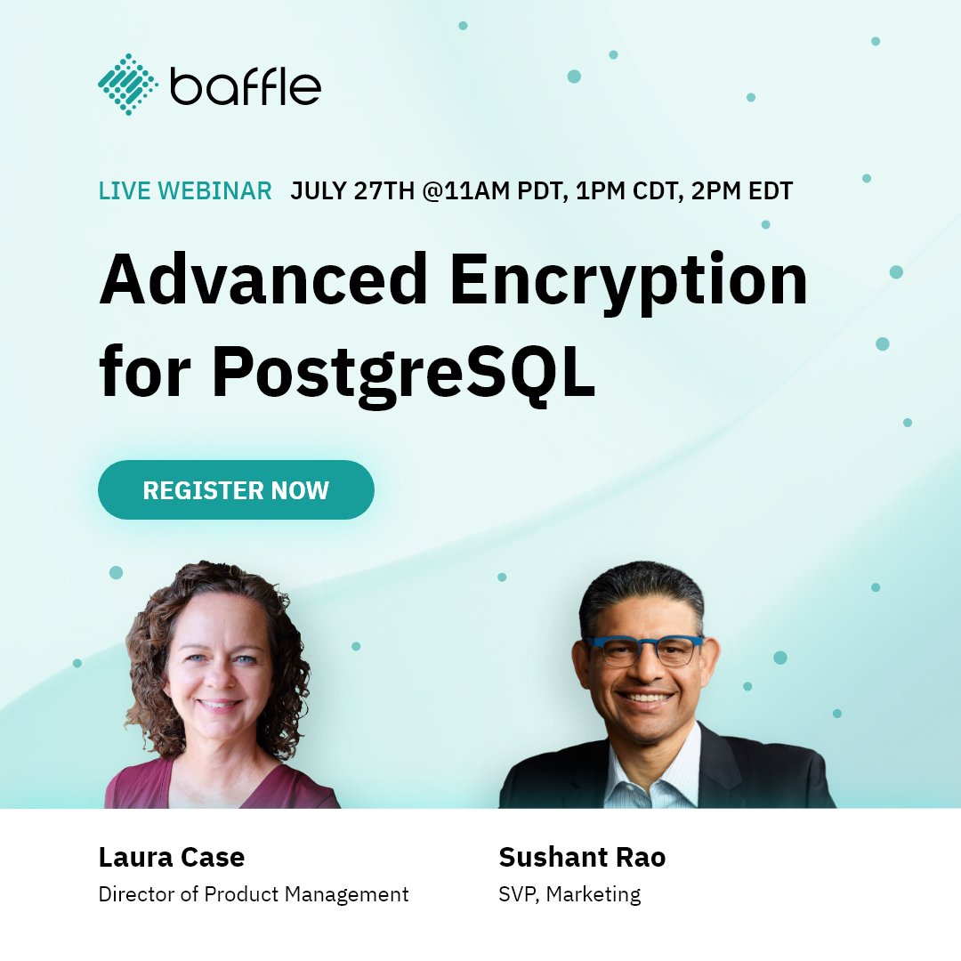Live Tomorrow!  Advanced Encryption for PostgreSQL 
Analyze encrypted data without ever seeing the data in clear text

Cryptographic protection that follows regulated data while allowing any and all analytical and operational computations on the data.

bit.ly/3Y8lUUs
