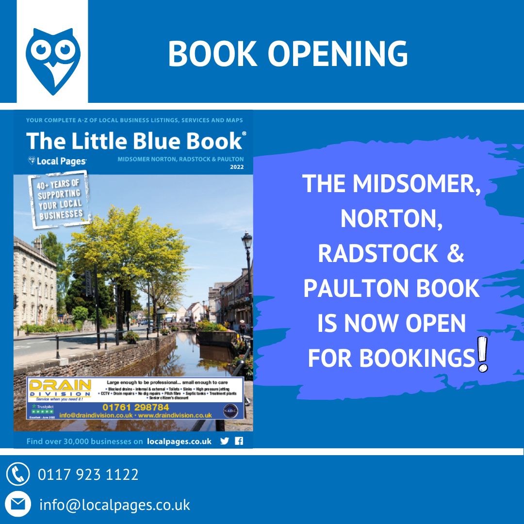 Local Pages (@tweetlocalpages) on Twitter photo The Midsomer Norton, Radstock & Paulton Local Pages book is now open for bookings!
For more information, look to our website: localpages.co.uk
Why not give us a call today: 0117 923 1122
Alternatively, you can email us: info@localpages.co.uk
#midsomernorton #radstock The Midsomer Norton, Radstock & Paulton Local Pages book is now open for bookings!
For more information, look to our website: localpages.co.uk
Why not give us a call today: 0117 923 1122
Alternatively, you can email us: info@localpages.co.uk
#midsomernorton #radstock