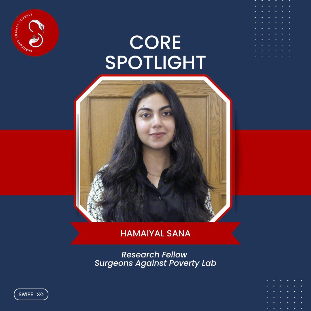 saplabhms's tweet photo. Introducing: Hamaiyal Sana, Research Fellow at the Surgeons Against Poverty Lab!
Hamaiyal is an absolute superstar in our lab who is also the first Vice Chair of the WHO Youth Council and the liaison officer to WHO for International Federation of Medical Students' Associations. She manages all this whilst completing her MPH full-time at the Harvard School of Public Health!
Her research interests include:
π Health economics
π¬ Research of health systems to improve surgical care
Her interests and passions include:
π Reading
π Learning new languages