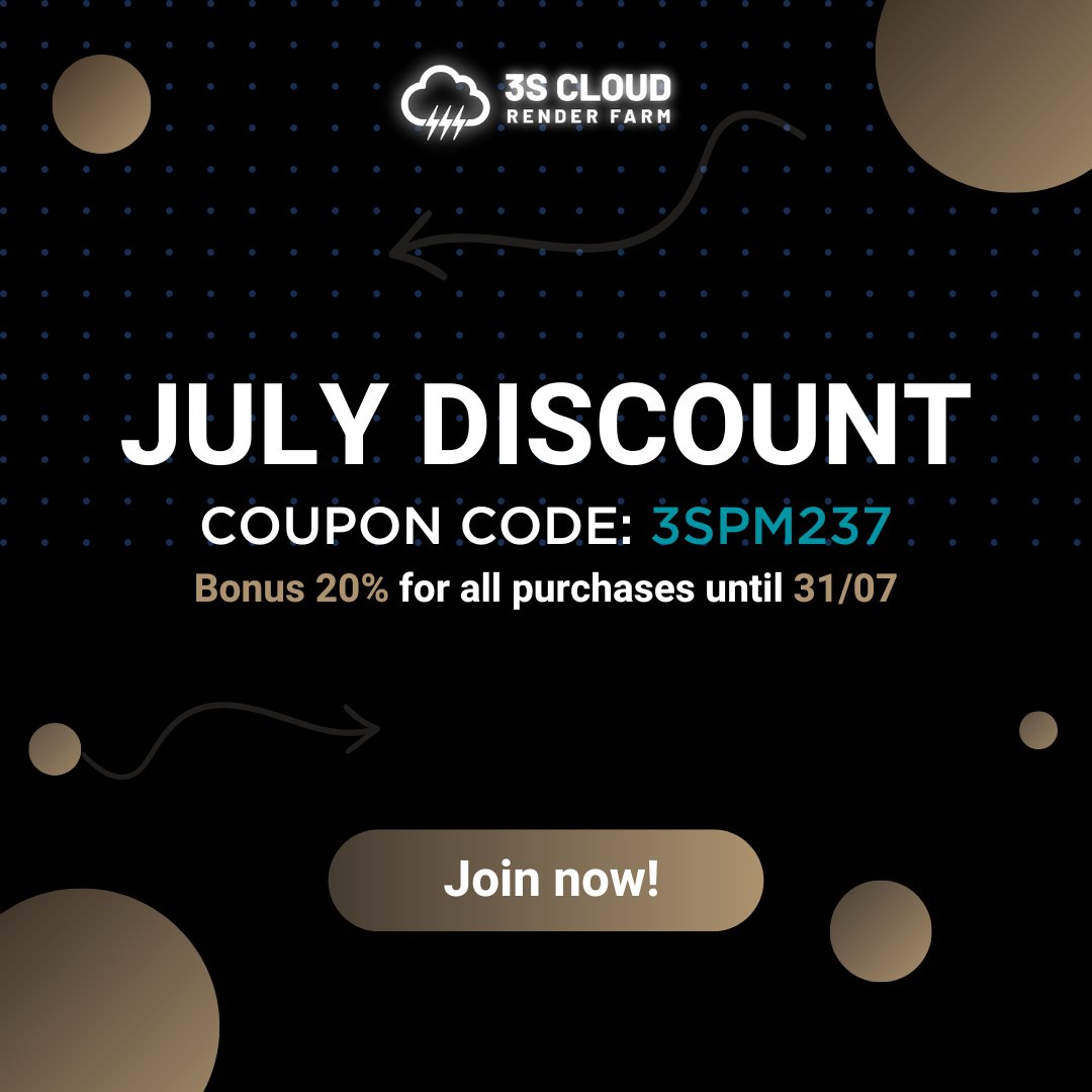 🎉 Amazing Offer Alert! 🎉

Looking to supercharge your rendering experience? We are delighted to introduce a jaw-dropping deal: Get a smashing 20% BONUS on all your purchases until 31st July 💸

#Promotion #AmazingDiscounts #3scloudrenderfarm #renderfarm #renderingservice #3d