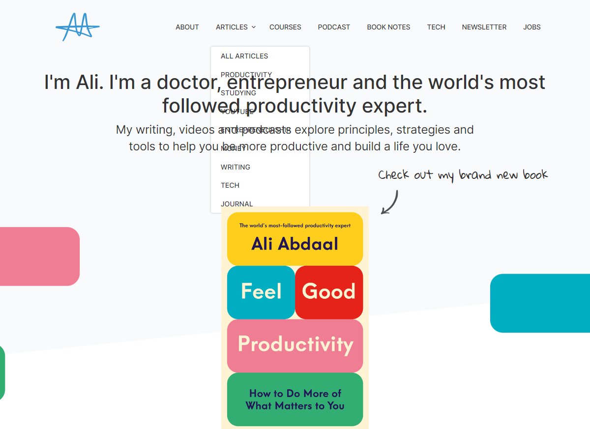 workwithvarun's tweet image. Hey @AliAbdaal

Found a small bug on your website 🐞

When hovering over &quot;Articles&quot; in the dropdown menu, it goes behind the hero section headline. 

Also, the mobile version&apos;s hamburger has the same issue. 

I think someone messed up with the Z-index 😂

#bugreport