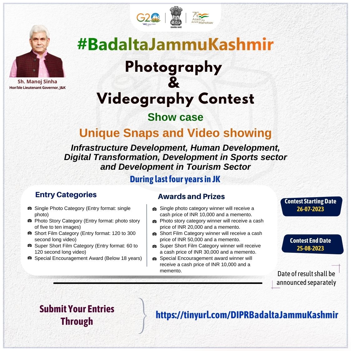 Participate in  #BadaltaJ&k Photo. & Video. Contest to showcase the incredible develp. achiv. in JK! 🏔️ Captr.the essence of progress & prosperity in our region & stand a chance to win amazing prz. 

For more details
jk.mygov.in/task/photo-and…

  #Photography #Videography #BadaltaJK