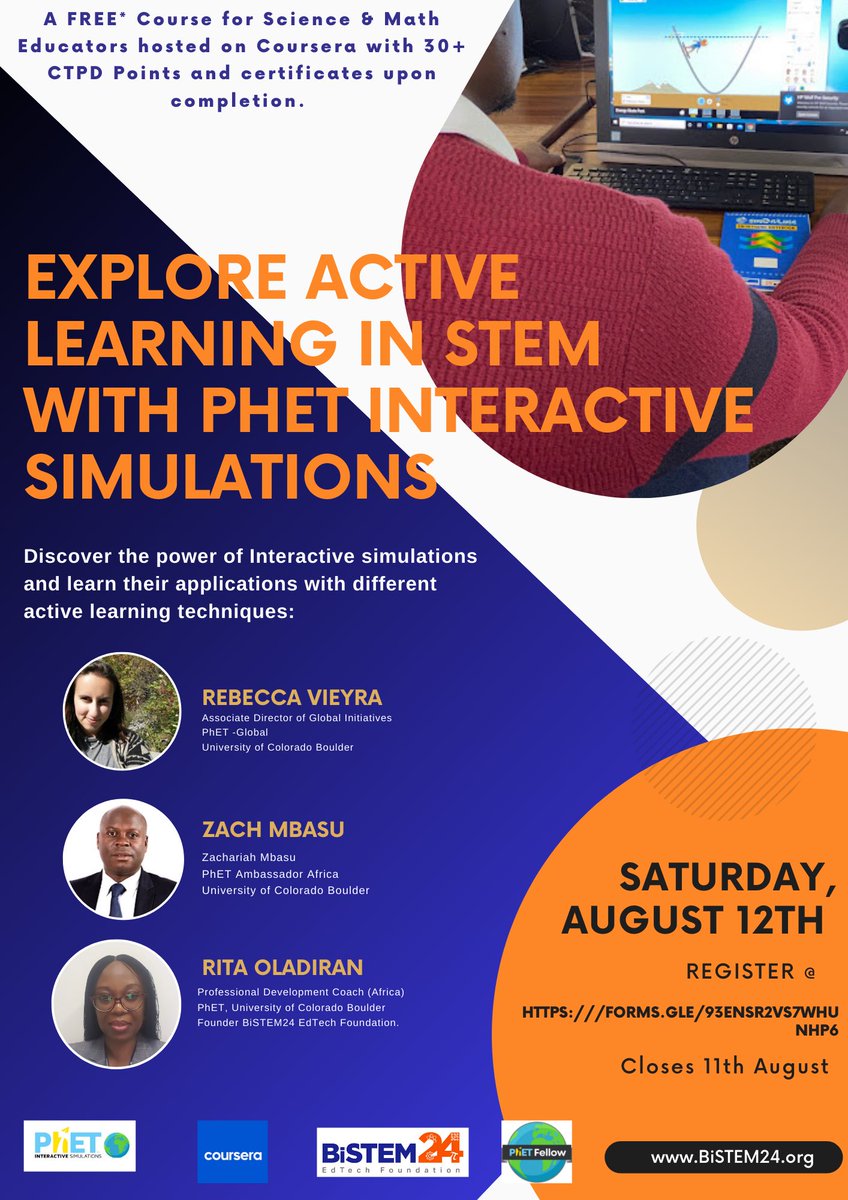 bistem24's tweet photo. Join us this summer for the #BiSTEM -#PhET CPD Workshop for #teachers on integrating technology into your lessons. 

Kindly use the link below to register if you haven’t, share with other #STEM #educators, school admins and colleagues. 

https://t.co/mSYgzTIeS3 https://t.co/SZqSxaZI1u