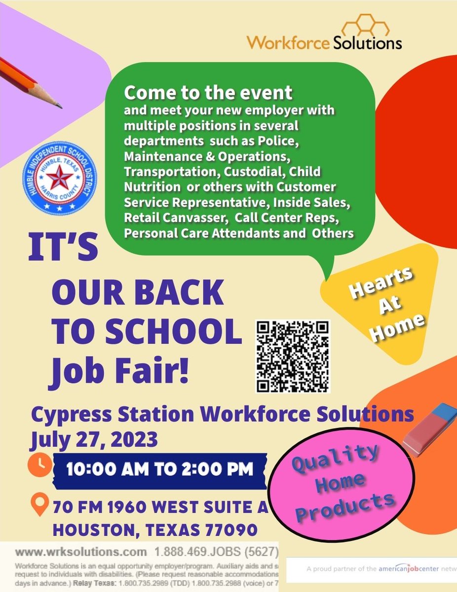 Are you looking for an exciting & rewarding job? Then you’re interested in working for our #HumbleISDFamily. Come to our Hourly Employee Job Fair on Thurs., July 27th, from
10AM – 2PM @ Workforce Solutions
(70 FM 1960 West Suite A, Humble, TX 77090).

See the flyer for more info.