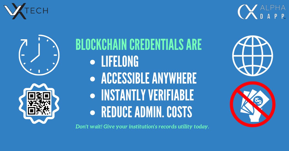 AlphaDapp's tweet photo. Blockchain credentials are:
✅ Lifelong
✅ Accessible Anywhere
✅Instantly Verifiable
✅ Reduce Admin Costs
Learn how you can give your institution's records utility today at https://t.co/Jp2V7viMZG #dapp #verifiable #BlockchainEducation https://t.co/bOVPSTNBAe