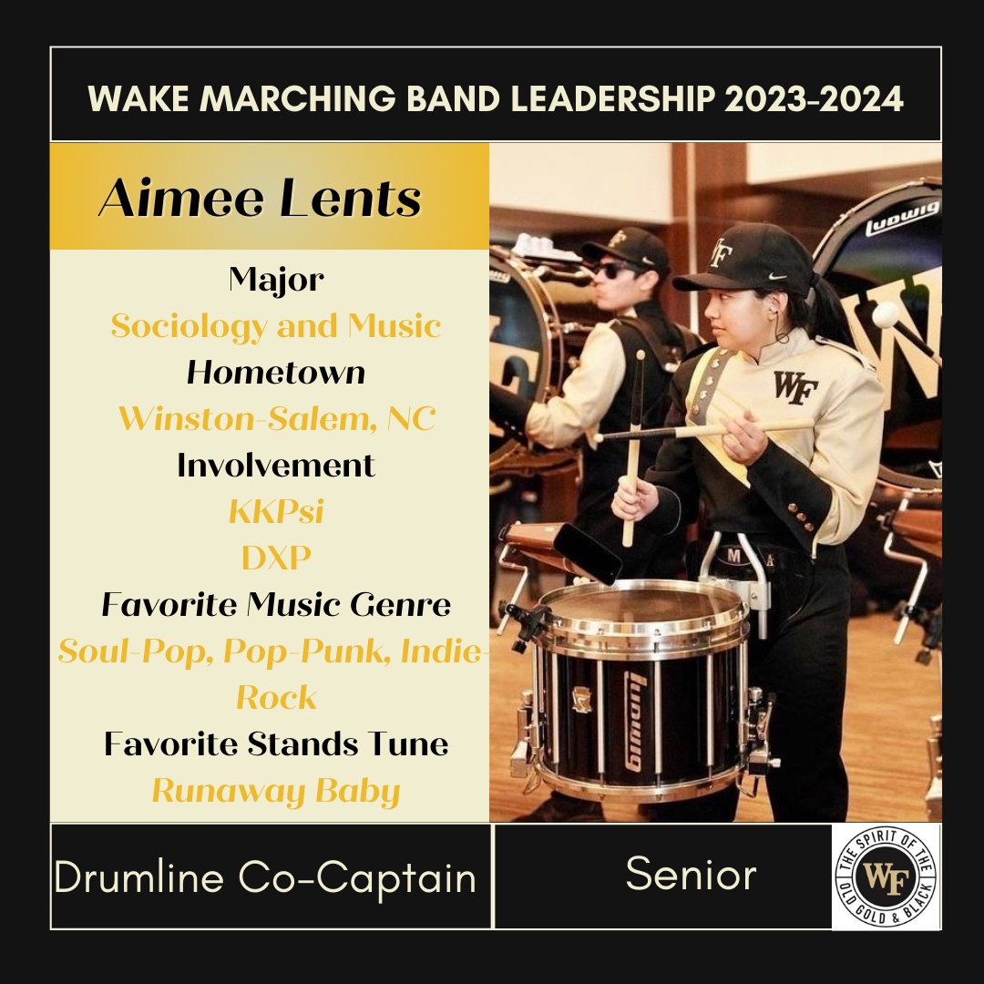 SOTOGAB's tweet photo. Next up for our leadership introductions is one of our Drumline Co-Captains, Aimee Lents!
#SOTOGAB #GoDeacs #wakeforestuniversity #marchingband #drumline #ACCBands https://t.co/6UmaEBx1fy