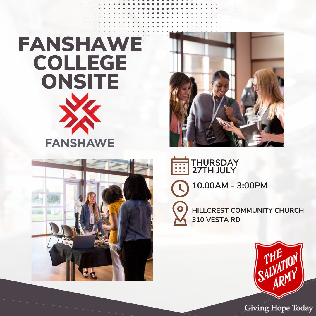 Learn more about your career opportunities with @FanshaweCollege! Staff will be onsite at Hillcrest Community Church this Thursday from 10am - 3pm. #Ldnont