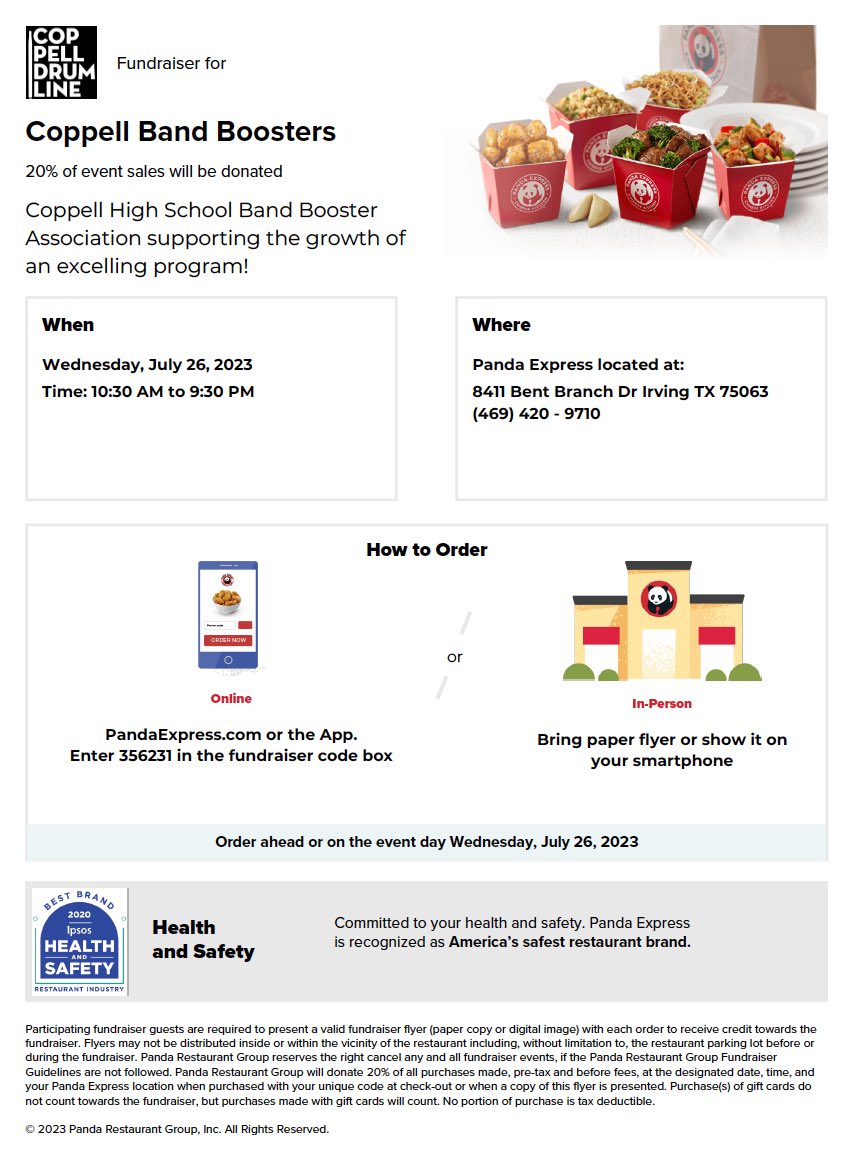 Join us for a meal at the Panda Express DrumLine Fundraiser for Coppell High School TODAY, July 26th (8411 Bent Branch, Irving)! This amazing location will be hosting us from 10:30am till 9:30pm! Show this flyer or If ordering online, be sure to use the code: 356231 Thank you!
