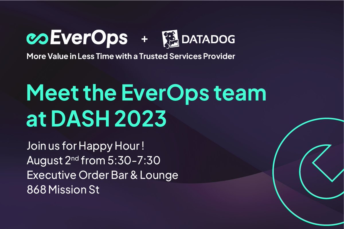 EverOps's tweet image. #DASH2023 is next week! Celebrate a successful Day 1 with @EverOps and @datadoghq at Executive Order Bar &amp;amp; Lounge Aug 2 at 5:30pm—just a block from Moscone West! 🍻

Reserve your spot here: geteverops.com/everops-dash-h…