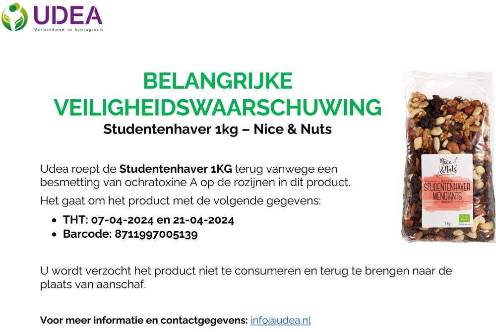 HEMPiSHOP's tweet photo. BELANGRIJKE VEILIGHEIDSWAARSCHUWING Nice &amp; Nuts Studentenhaver 1kg Per direct roepen we Nice &amp; Nuts studentenhaver 1kg met houdbaarheidsdatum 07-04-2024 en 21-04-2024 terug. Vanwege een besmetting van ochratoxine A op de rozijnen in dit product.
https://t.co/FjzgtAfgKS https://t.co/y4a4jdgevC