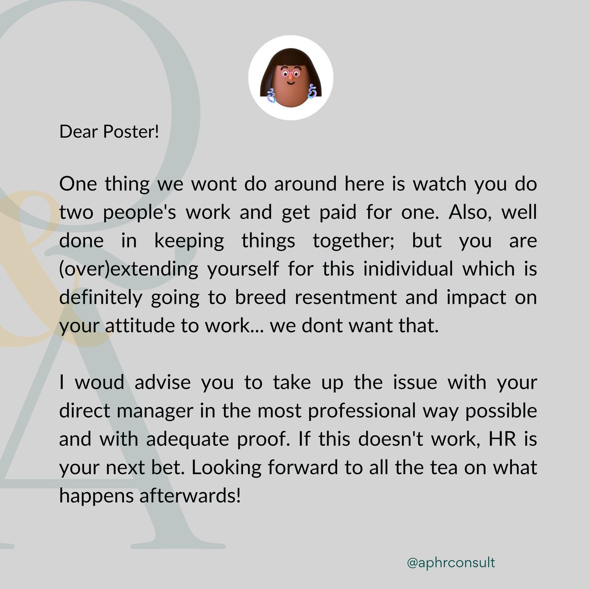 Have you ever felt used by a co-worker? In today's edition of Q & A with Aby, your resident HR manager dished out the best advice to this questioner 🗣️

#WorkWisdomWednesday #QnAwithAby #HRInsights #WorkplaceDynamics #ProductivityMatters #employeewellness #HRconsultant #HRinlagos