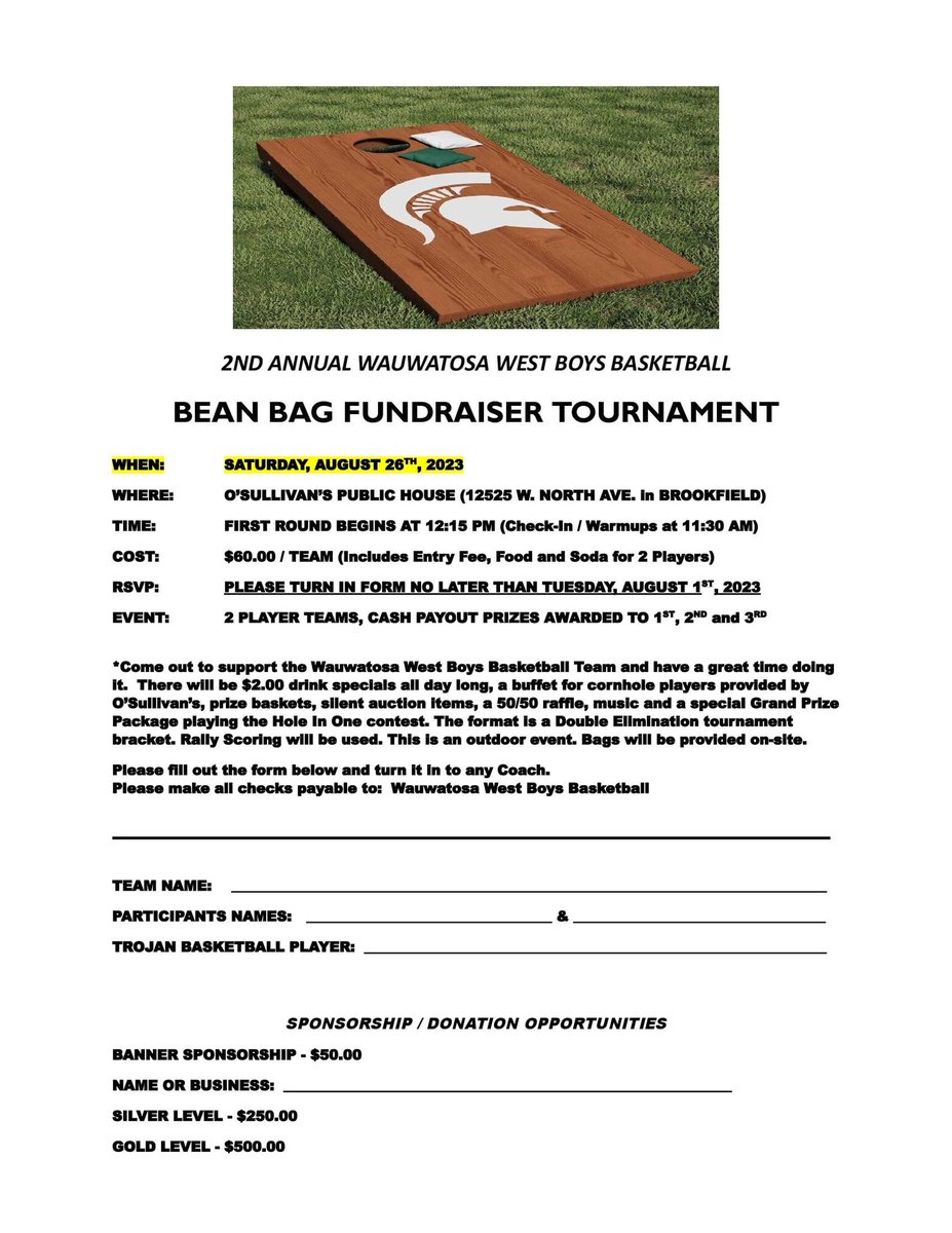 We are looking forward to the second annual Wauwatosa West boys basketball bean bag tournament! There is still time to register your 2-player team and help us fundraise money for our program. If interested, please contact Head Coach Christopher Newbauer: wikings@sbcglobal.net