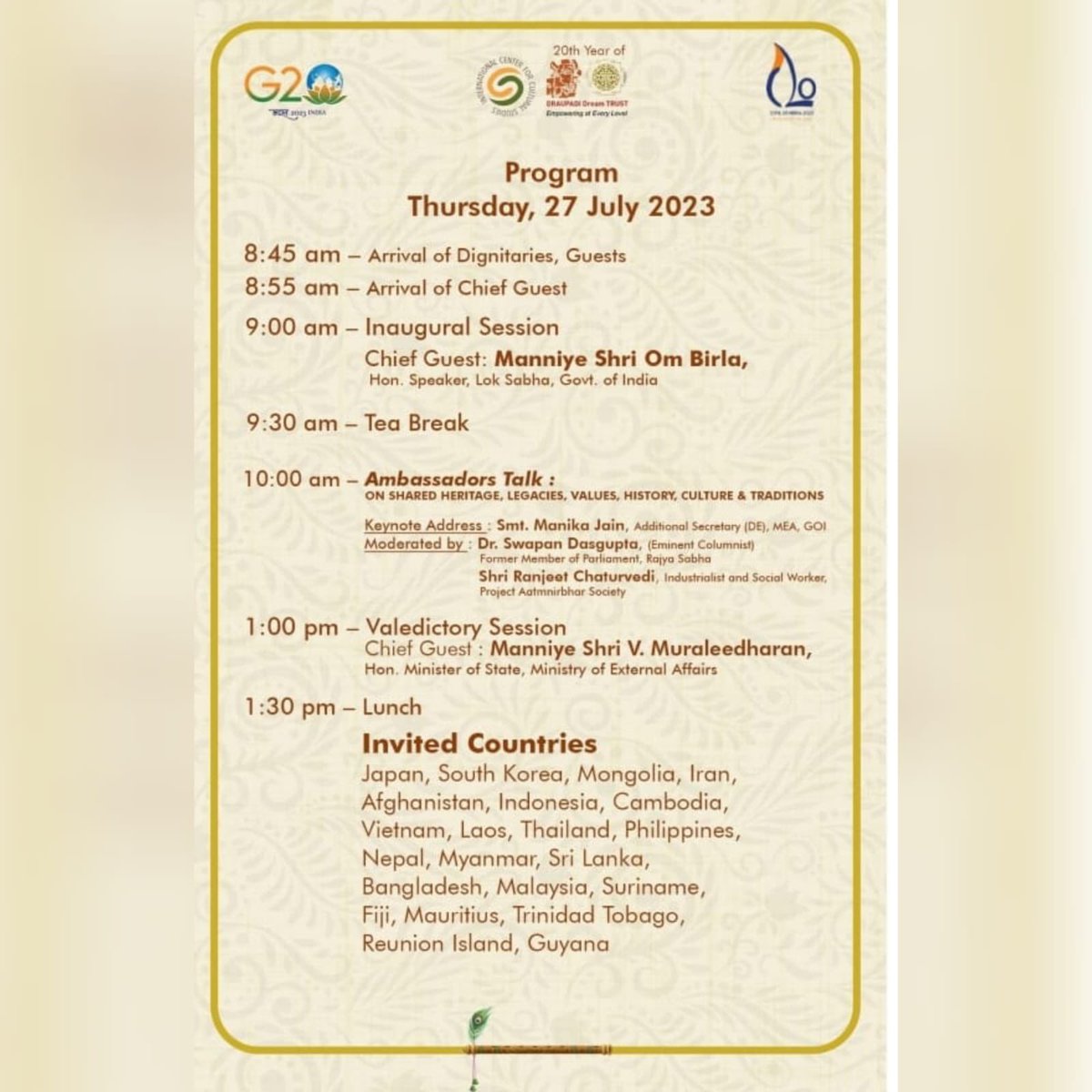 International Centre for Cultural Studies in association with #Civil20 is organising Sri Sri Draupadi Mahotsav on 27th July at IIC, New Delhi The chief guest shall be Lok Sabha Speaker Om Birla & Guest of Honour shall be Sh. V. Muraleedharan, MoS, External Affairs.