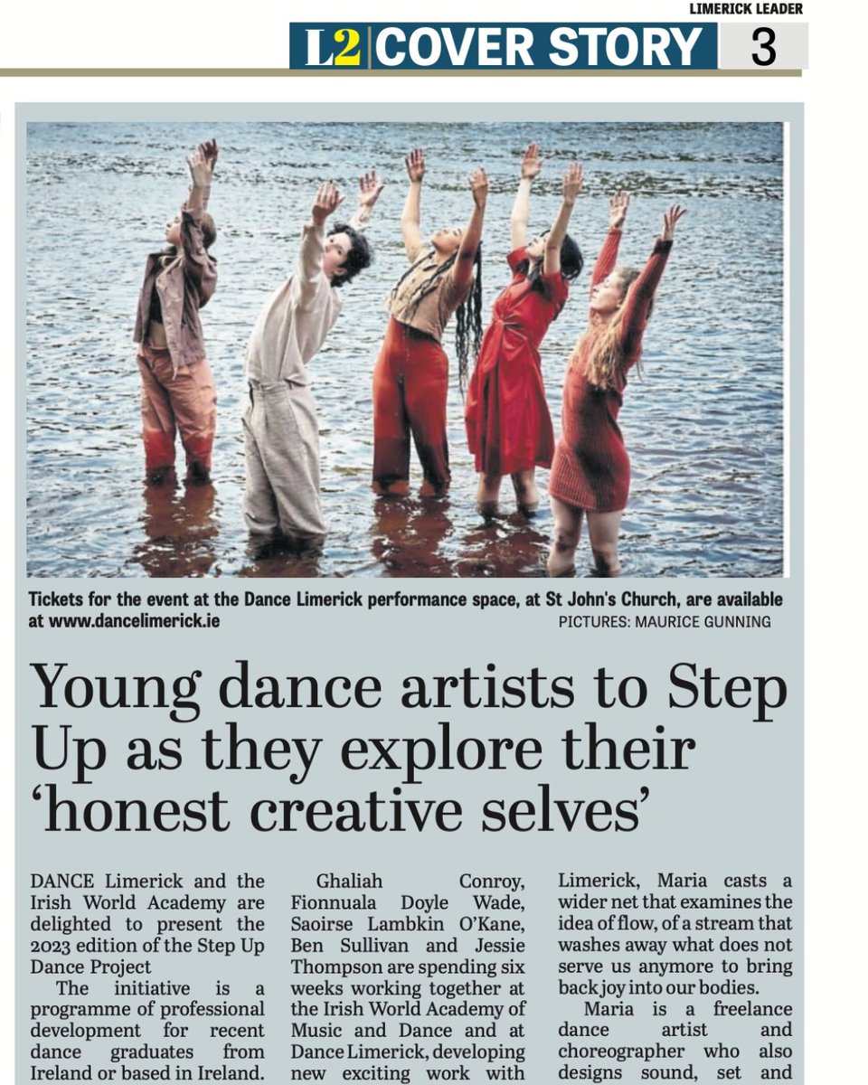DanceLimerick's tweet photo. Big thanks to the @Limerick_Leader for this feature. 

Pick up a copy of the Leader today to read all about #stepup2023 and 'Riverine' https://t.co/3t5Dr9030U