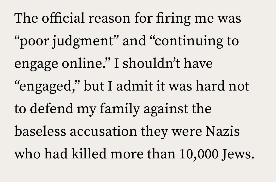The author very conspicuously yadda-yaddas his way over some of the actual details of his story, but it sure SOUNDS like he was fired less for “defending Hitler” than for “being a naive thickheaded dummy online”