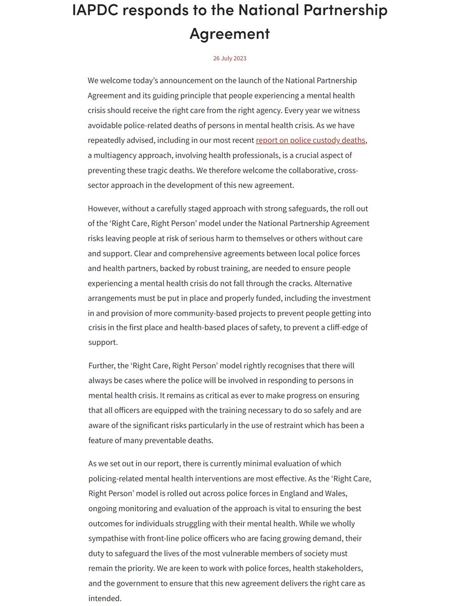 The National Partnership Agreement is a step in the right direction to ensure people experiencing a mental health crisis receive the right care

However, strong safeguards are needed to ensure people aren't left without support

Read the IAPDC's statement: iapondeathsincustody.org/news/2023/7/26…