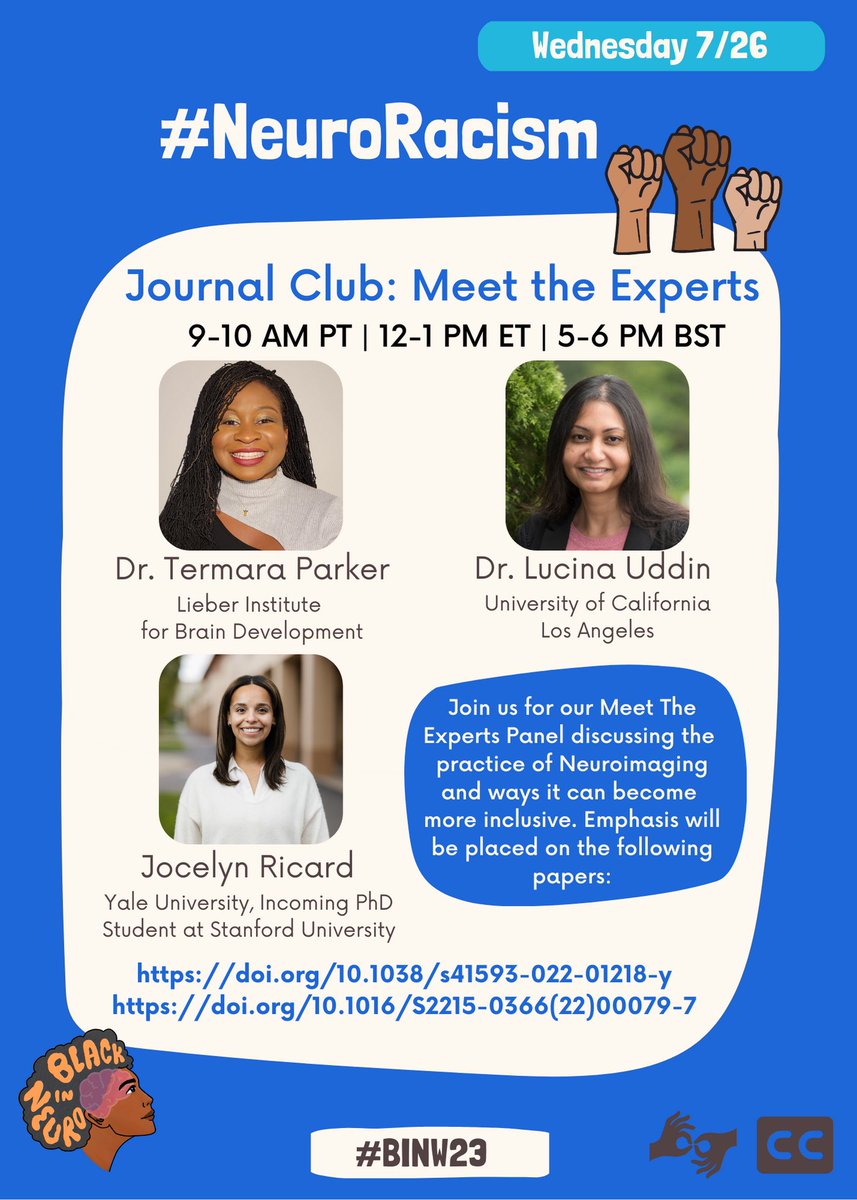 Black In Neuro 🧠 (@blackinneuro) on Twitter photo In less than an hour join us for a Meet The Experts Journal Club. <a href="/RicardJocelyn/">Jocelyn A. Ricard</a>
<a href="/LucinaUddin/">Lucina Uddin</a> will guide you through a couple of key papers, highlighting the ways in which the practices of scientists who perform neuroimaging techniques are excluding Black people. 🧠
Thread 🧵 In less than an hour join us for a Meet The Experts Journal Club. <a href="/RicardJocelyn/">Jocelyn A. Ricard</a>
<a href="/LucinaUddin/">Lucina Uddin</a> will guide you through a couple of key papers, highlighting the ways in which the practices of scientists who perform neuroimaging techniques are excluding Black people. 🧠
Thread 🧵