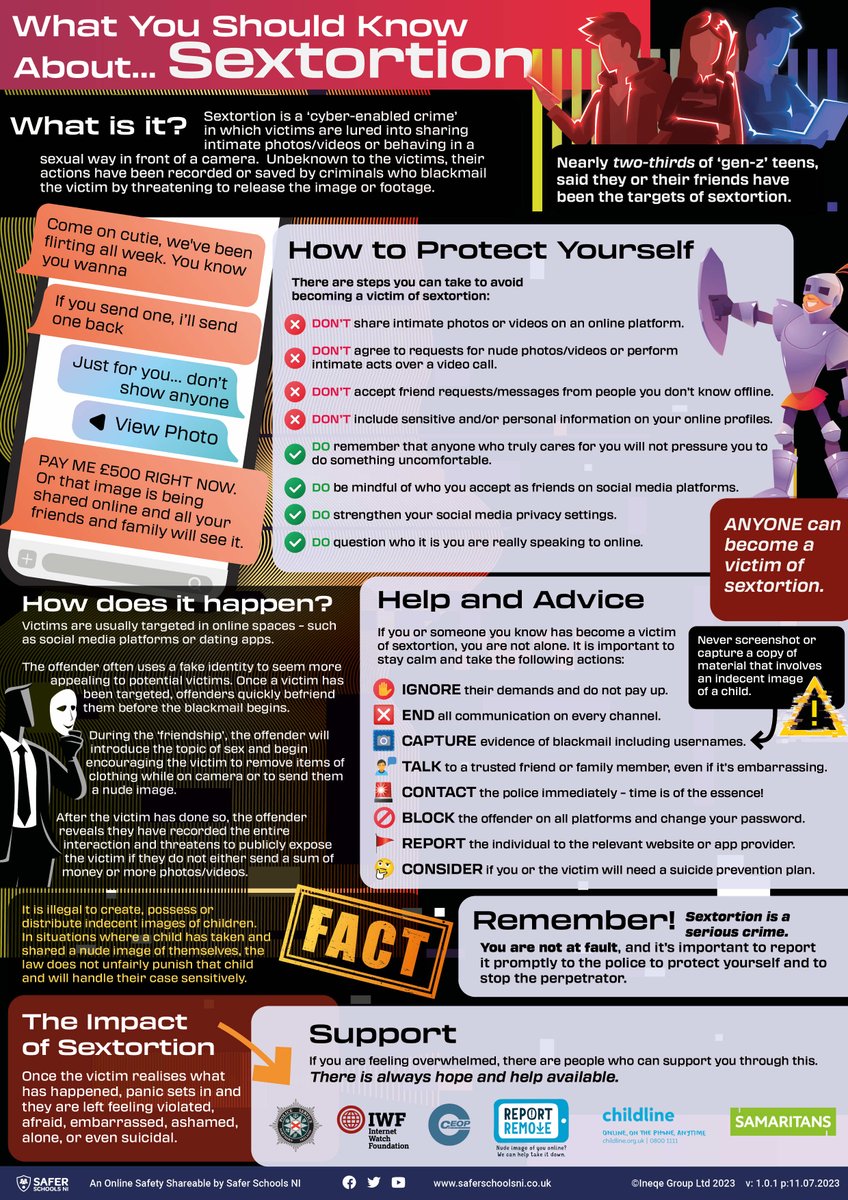What do you know about 'sextortion'? ⛔️
Last year, over 60,000 reports were made of children being groomed or tricked into performing sexually on camera by online predators!
Download our shareable here 👉 bit.ly/44EKS0j
Please like and share⚡️
#OnlineSafety #Safeguarding
