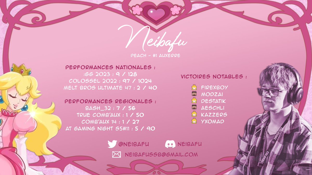 Neibafu's tweet photo. Bonjour à tous, 
Main Peach Bourgignon ayant commencé Smash Bros depuis 2019, je suis à la recherche d'une structure afin de pouvoir me développer en France et m'améliorer 👑

Je suis disponible sur tous les réseaux ci dessous pour plus d'informations !
RT + ❤️ appréciés ! https://t.co/MxP9EJTVfU