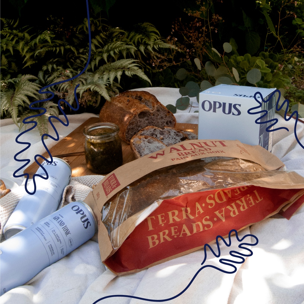 Terra Breads nutty Walnut Bread spread with pesto and OPUS’s refreshing Gin &amp; Tonic make the ultimate elevated pairing for your next picnic.  😍

Head to your local grocery store or Terra Breads location to grab these picnic perfect pairings.