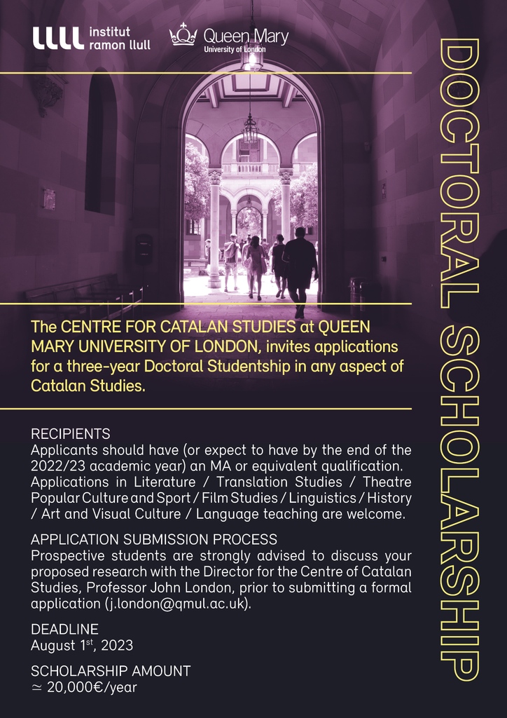 The Centre for Catalan Studies at QMUL is offering a prestigious three-year Balearic Islands Doctoral Studentship in any aspect of Catalan Studies.

⏳ Deadline: 1 August 2023
📅 Starting: September 2023

qmul.ac.uk/sllf/modern-la…

#catalanstudies #studentship #queenmaryuniversity