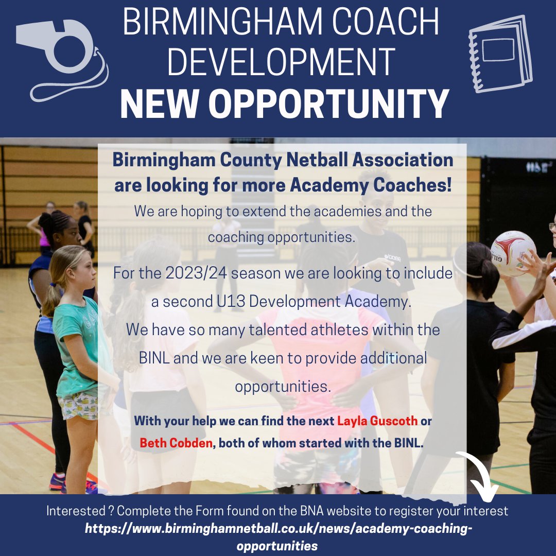📢Birmingham Coaching Opportunity📢

The BNA are looking to increase their County Academies to help support our talented athletes. 

Want to support and become an Academy Coach? Complete the form found on the BNA Website 👇

birminghamnetball.co.uk/news/academy-c…