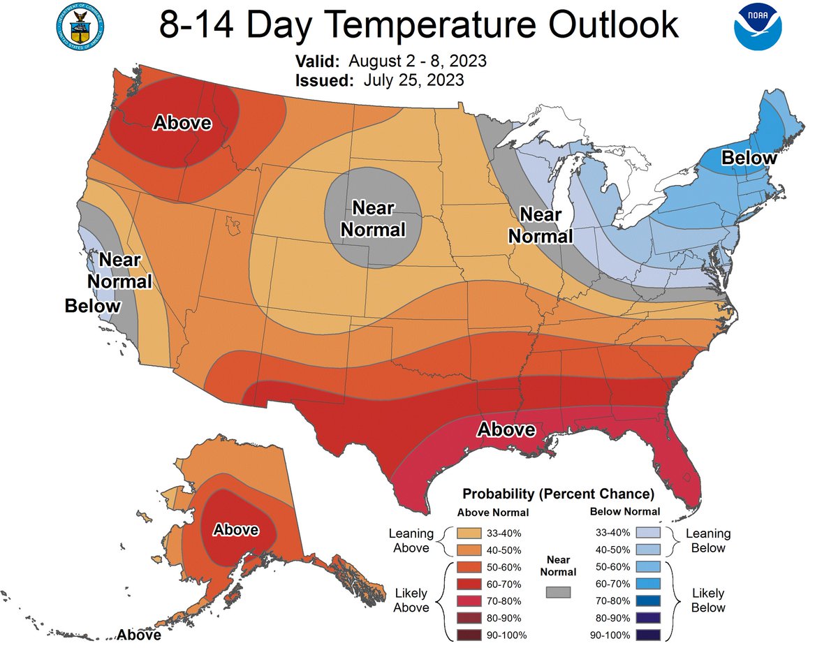 NWSSanAngelo's tweet photo. If you're looking for cooler temperatures next week, you may need to head to the Northeast.  The latest outlook from the Climate Prediction Center shows a chance of continued above normal temperatures for the area.  Stay cool! #txwx #sjtwx https://t.co/3hfCmY8bux