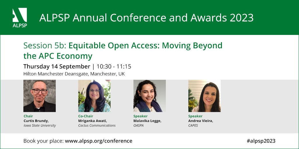 alpsp's tweet photo. Session 5b #alpsp2023 discusses Equitable Open Access: Moving Beyond the APC Economy with chair @curtisbrundy , @ISU_Library &amp; speakers Mriganka Awati, @Cactusglobal, Malavika Legge, @OASPA, Andrea Vieira, @CAPES_Oficial 

Have you registered? https://t.co/EFrgyQWeHQ
#scholcomm https://t.co/Fv0wMCgVsB