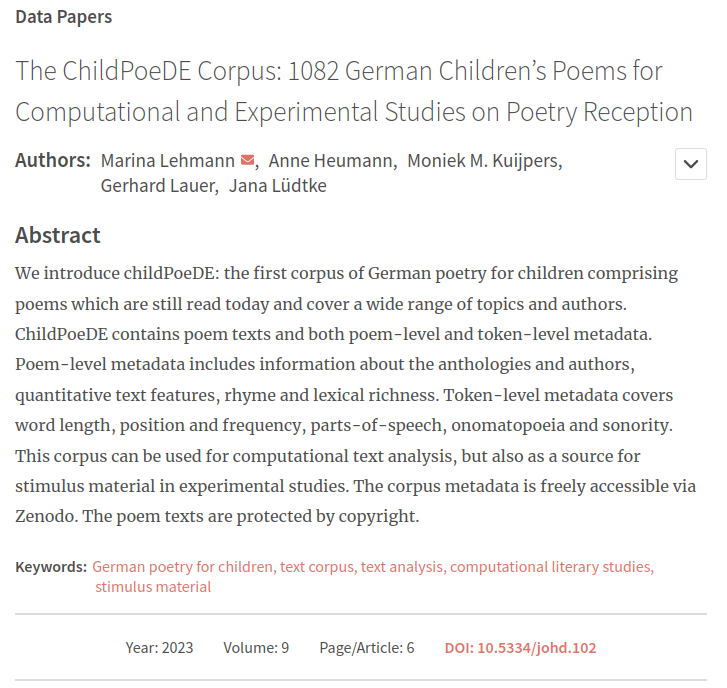up_johd's tweet image. #johdpapers
New #datapaper out! 
&quot;The ChildPoeDE Corpus: 1082 German Children’s Poems for Computational and Experimental Studies on Poetry Reception&quot; by Marina Lehmann, Anne Heumann, Moniek M. Kuijpers, @GerhardLauer &amp;amp; Jana Lüdtke

📰rb.gy/nwqi2

#textAnalysis #corpus