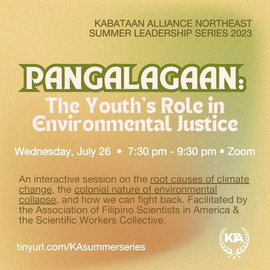 Join AFSA and Scientific Workers collective TONIGHT @ 7:30pm EST as we facilitate a virtual session on environmental justice! This is part of <a href="/KBTNalliance/">Kabataan Alliance</a> Northeast’s Summer Leadership Series!

RSVP: tinyurl.com/KAsummerseries

#scienceforthepeople #climatejustice #pinoyscientists