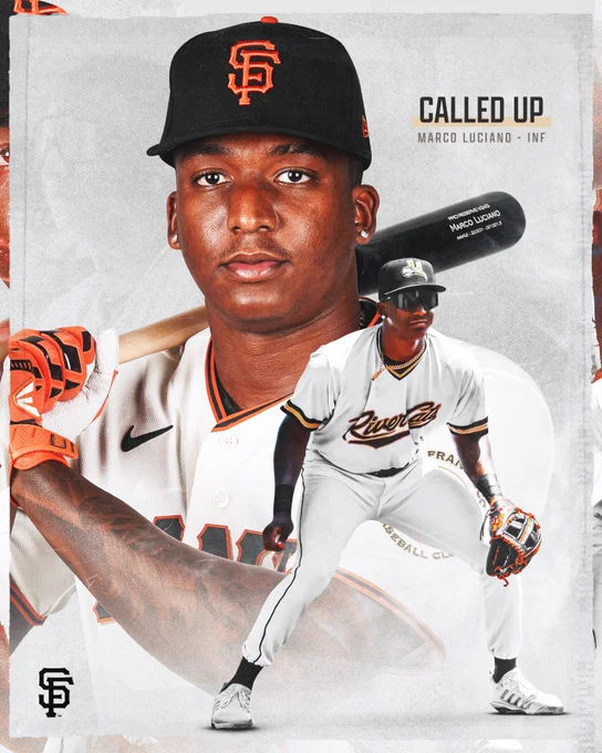 Graphic reading “Called Up - Marco Luciano - INF.” Cutout of Luciano in a Giants uniform holding a bat in the background with Luciano in River Cats uniform in the foreground.