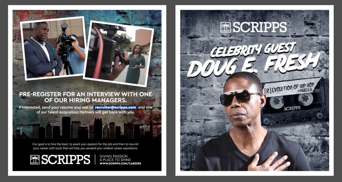 ONE WEEK to the @nabj Conference! To interview with <a href="/EWScrippsCo/">The E.W. Scripps Co.</a>, send a resume, reel and contract end date to recruiter@scripps.com. Stop by our booth to inquire about our reception celebrating the [R]evolution of Hip Hop on August 2 with celebrity guest, Doug E. Fresh!