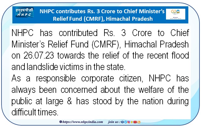 nhpcltd's tweet photo. NHPC contributes Rs. 3 Crore to Chief Minister’s Relief Fund (CMRF), Himachal Pradesh
#RenewableEnergy #hydropower #nhpclimited @MinOfPower @PIB_India @power_pib https://t.co/343aeSh8vm