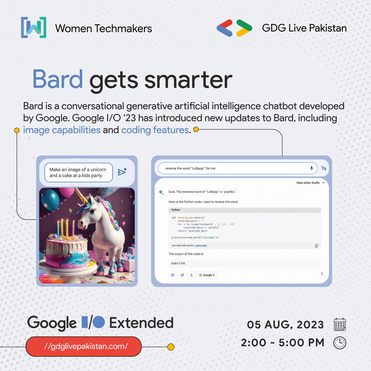 GDGLivePakistan's tweet photo. 📢 Exciting News! 🚀
🎫 Mark your calendars and register at https://t.co/S4gpnxrNyO
🗓 Date: 05 Aug 2023
⌚ Time: 02:00 PM - 05:00 PM
📍 Location: YouTube Live
Join the conversation with #GoogleIOExtended.
#GoogleIO #GDG #GoogleDevelopers #WomenTechmakers #GdgLivePakistan. https://t.co/Z5p9WXmVjK