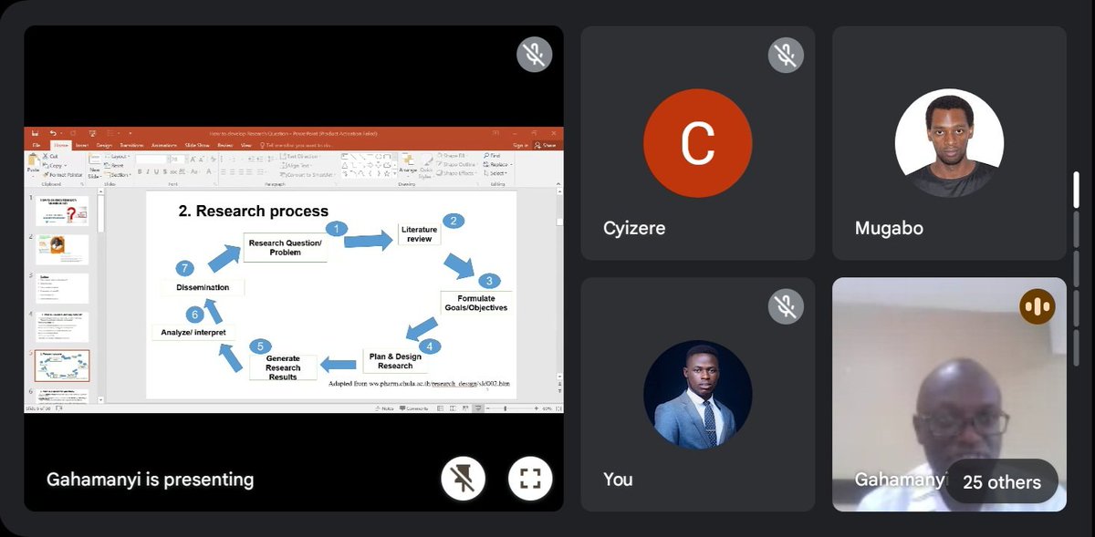 Firat_rwanda's tweet photo. π¨ HAPPENING NOW π¨
Our research mentor @GAHAMANYI6 is now mentoring @Firat_rwanda members in the Bimonthly Research Webinar Series.
We're studying on "How to develop a research question".
#StudentsInResearch https://t.co/uATrWCfxcP