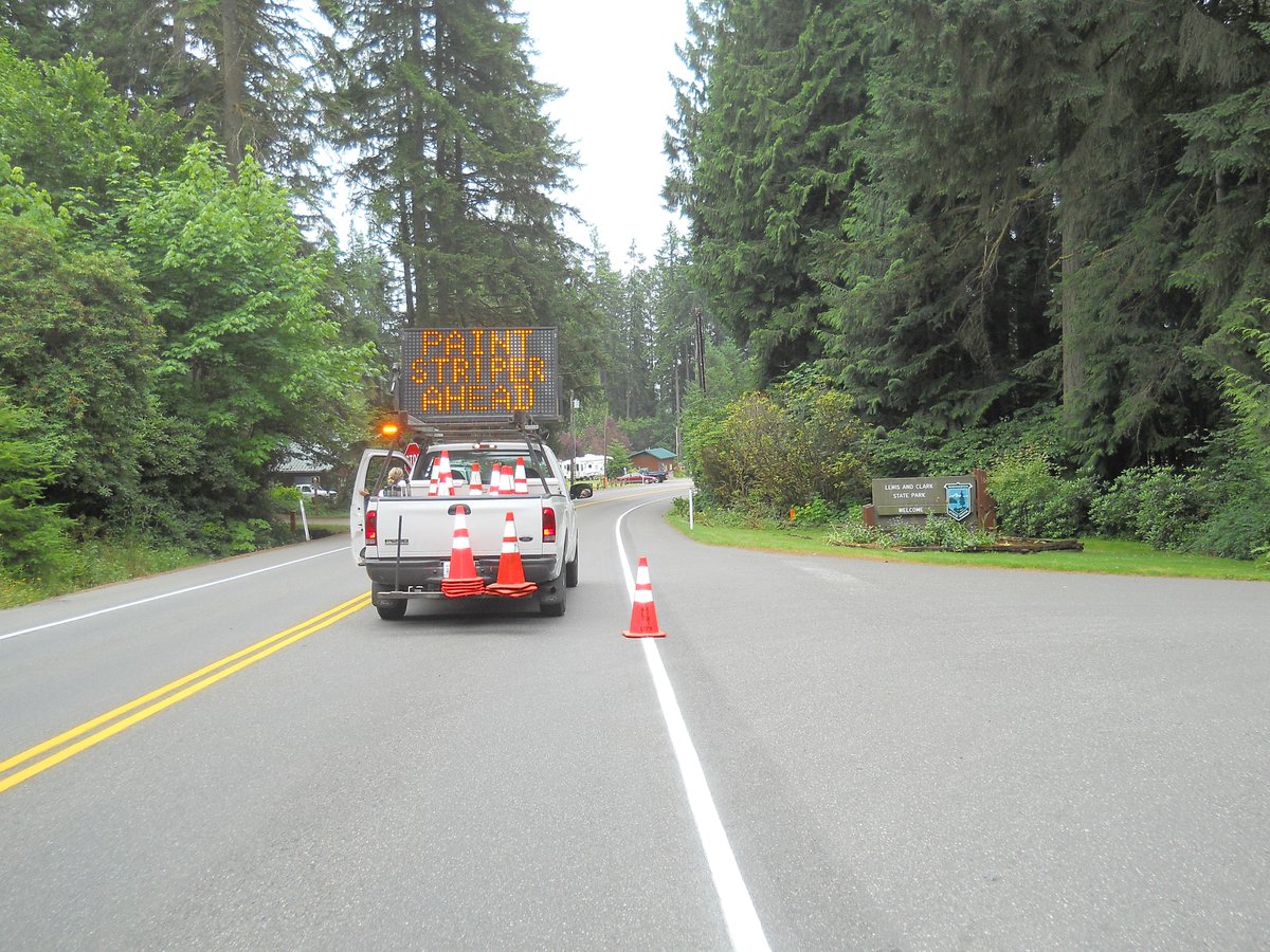 LewisCoWaPW's tweet photo. Today, crews are striping in the Winlock area on Frost, Hart, Henriot, Park, and Meier. Be prepared for delays due to slower speeds through the work zone. Watch for "Wet Paint" warning signs and trucks. Please keep your distance and do not drive through wet paint. #slowdown #LCPW https://t.co/U6WPXY3ktS