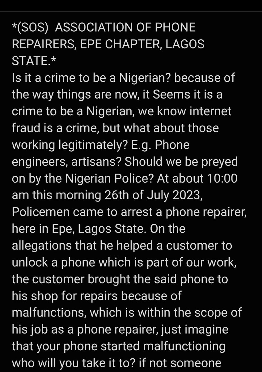 felixamechi's tweet photo. *(SOS)  ASSOCIATION OF PHONE REPAIRERS, @EPE CHAPTER, @followlasg * 
Is it a crime to be a @Nigerian? because of the way things are now, it Seems it is a crime to be a Nigerian, we know internet fraud is a crime, but what about those working legitimately? E.g. Phone engineers, https://t.co/LZXyF4b8gj