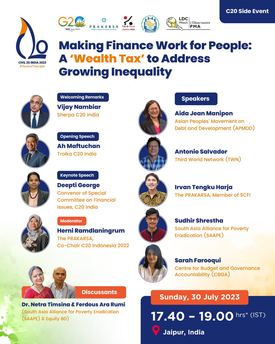 saape_network's tweet photo. 📢 Join us at "Making Finance Work for People: A 'Wealth Tax' to Address Growing Inequality", a side-event during #Civil20 #India Summit 2023!
🗓️30 July 2023📍#Jaipur, India; Organized by SAAPE, @theprakarsa, @ldc_watch, &amp; @WeAreTAFJA  #Civil20India2023 @C20EG #WealthTaxNow https://t.co/2hFTGDzAF5