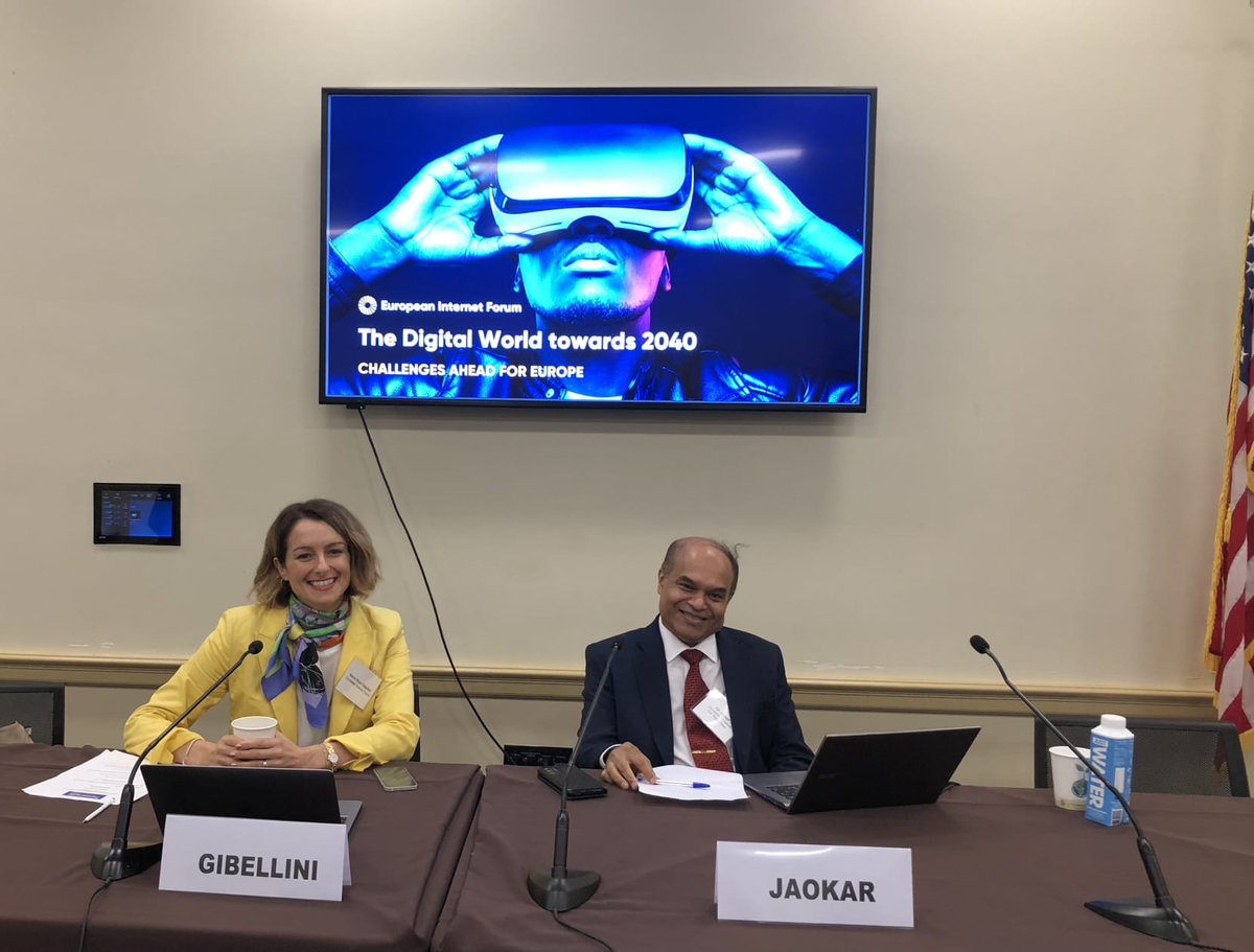 EIF4eu's tweet photo. 🗣️ Great discussions during the first two days at the 🇪🇺🇺🇸 #TransatlanticWeek 2023 organized by @TPNOnline. We were pleased to be able to present the progress of our foresight exercise titled "The Digital World towards 2040: Challenges ahead for Europe", during a session moderated by @mariarosagib, our Director General.

🎙️ @AjitJaokar, author of our report, presented to the audience the draft interim report, whose central paradigm is "intelligent autonomy", and we were delighted to see so much engagement and insights shared during the session.

🔜 More conversations on "The #DigitalWorld towards 2040" coming after the summer break, stay tuned! #foresight