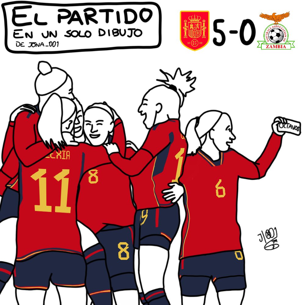 Jona_001Design's tweet photo. El partido entre España y Zambia en un solo dibujo✍️
(¡España a octavos de final!)

👤 @Jennihermoso, @alexiaputellas, @SalmaParalluelo, @mariona8co, @7olgacarmona y @AitanaBonmati

#FIFAWWC #ESP #ZAM #ESPZAM  #JugarLucharYGanar https://t.co/WhpBr7F71S