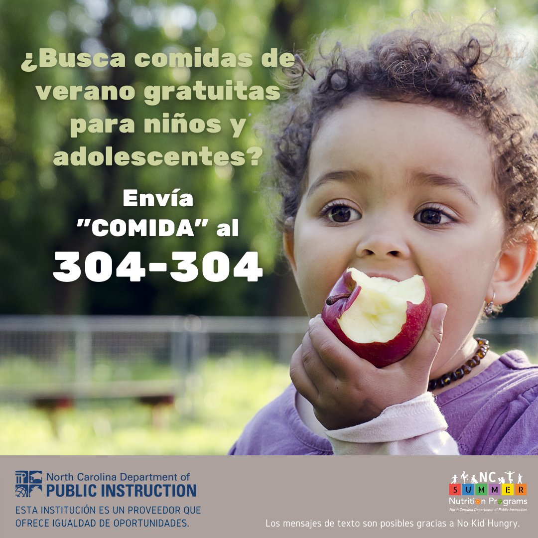 ¿Está buscando #NCComidasDeVeranogratuitas para niños y adolescentes?
- Use el mapa del buscador de sitios de Carolina del Norte, bit.ly/3MhnX1S.
- Envíe COMIDA al 304-304.
- Consulte el sitio web de su distrito escolar local, las redes sociales u otras comunicaciones.