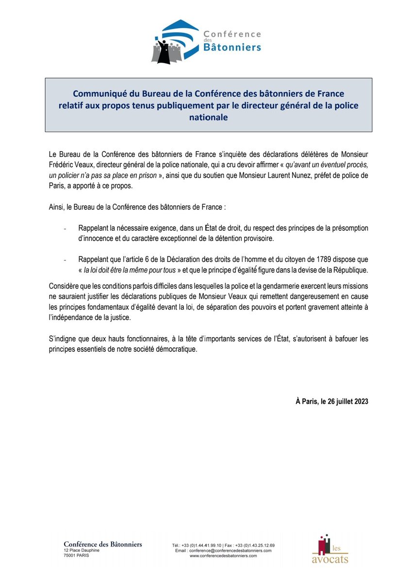 Conf_Batonniers's tweet photo. Le bureau de la @Conf_Batonniers s’indigne des
déclarations de Monsieur Frédéric Veaux, DGPN,  qui remettent dangereusement en cause les principes fondamentaux d’égalité devant la loi, de séparation des pouvoirs et portent gravement atteinte à l’indépendance de la justice. https://t.co/ma5PJ7KszU