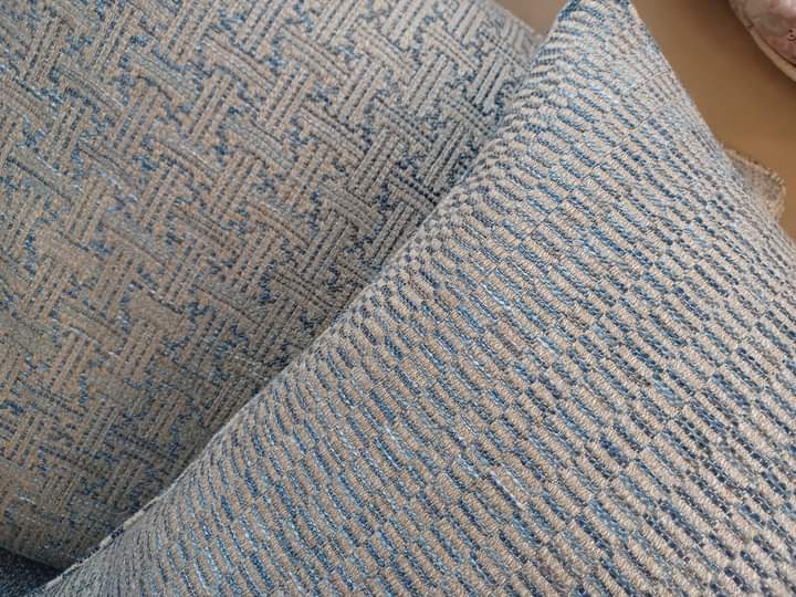 Fabulous reupholstery on a customers suite.
2.5 seater and 2 seater sofa with a chair and footstool. Upholstered is a fabulous fabric by Linwood from their Lundy range. Lundy Delft and Lundy denim

#Linwood Fabrics &amp; Wallpapers