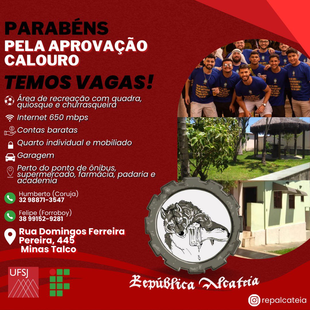 ArthurLuizBarce's tweet photo. Parabéns por essa conquista calouro e seja bem vindo a Ouro Branco🥳🥳
E você que está a procura de um lugar pra morar, que tal fazer parte da República Alcateia?!🐺🐺
Entre em contato com a gente para tirar suas dúvidas e fazer parte da melhor república de Ouro Branco!!
@ufsjbr https://t.co/ziGKrvNwrd