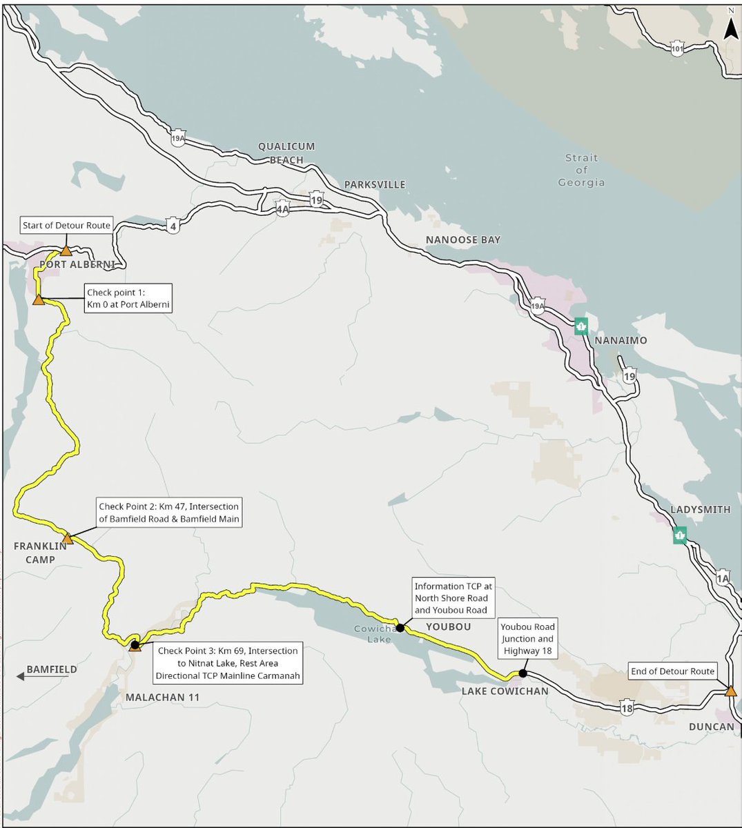 DriveBC's tweet photo. ℹ️ #BCHwy4 detour information can be found here: https://t.co/thQcDxv9qX
Expect:
-Dusty conditions
-Approximately 4 hours travel time
-No cellphone network coverage
-Could involve rough gravel patches
#PortAlberni #Tofino #Uclulet #Nanaimo #PortAlberni #VanIsle https://t.co/x2mVL4ATOE