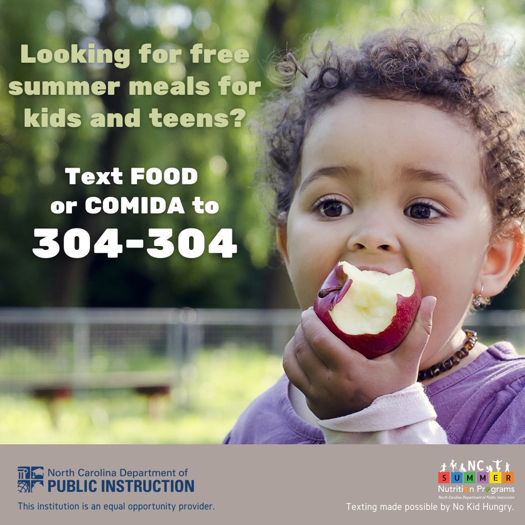 Looking for free #NCSummerMeals for kids and teens?
- Use the NC Site Finder Map, bit.ly/3MhnX1S.
- Text FOOD or COMIDA to 304-304.
- Check your local school district website, social media, or other communications.
Learn more at summermeals4nckids.org.