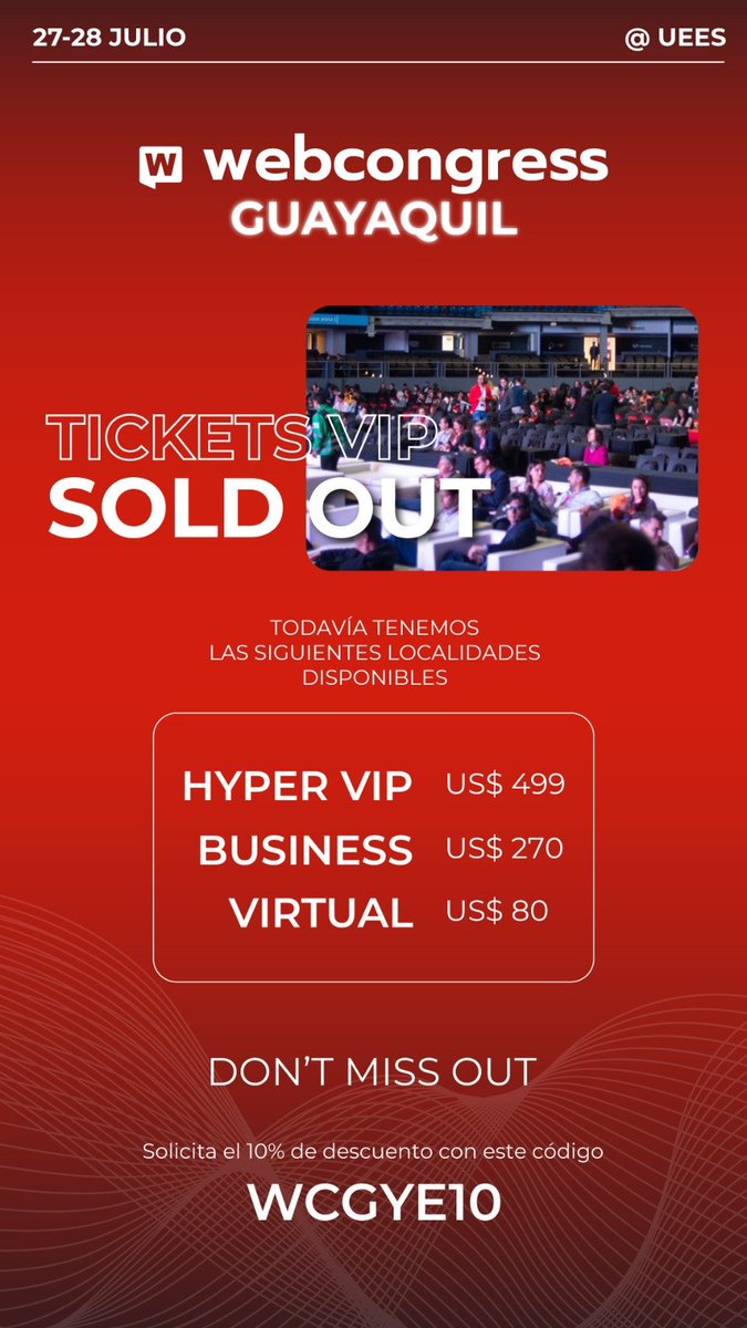 BONUS:

En WebCongress podrás aprender y pulir habilidades de comunicación. Sobretodo aprender nuevas formas de hacerlo incluso en redes sociales.

Ultimas entradas disponibles. 

Usa el codigo de descuento: WCGYE10

#WebCongressGye