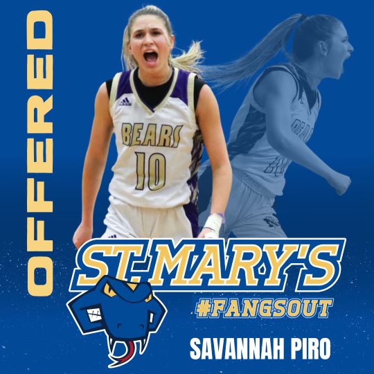 After a great conversation with @Coach_Val I’m very excited to receive an offer from St.Mary’s University!
Thank you for believing in me ! #Fangsout
@StMUwbb @MHSLBhoops @IQHoops1