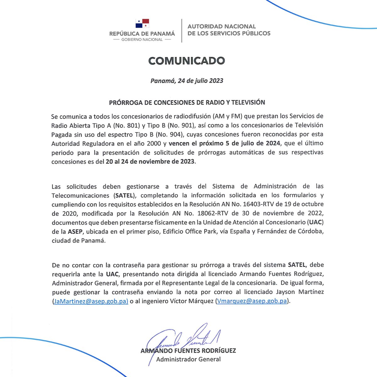 #InfórmateConlaASEP📣 | Anunciamos prórroga de concesiones de Radio y Televisión [📻📺], conoce las fechas para la presentación de solicitudes en esta cartilla↩️